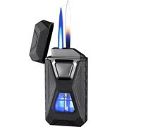 Windproof butane lighter smart double flame lighter 4 induction ignition methods with visual window suitable for gifts(Black)
