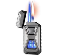 Windproof butane lighter smart double flame lighter 4 induction ignition methods with visual window suitable for gifts(Black1)