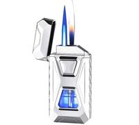 Windproof butane lighter smart double flame lighter 4 induction ignition methods with visual window suitable for gifts(Silver)