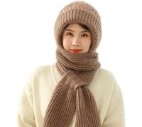 Windproof Cap Scarf with Integrated Ear Protection, Double Layer Fleece Line Beanie Hat Winter Warm Knitting Thick Scarf for Women (01# Khaki)