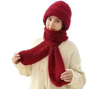Windproof Cap Scarf with Integrated Ear Protection, Double Layer Fleece Line Beanie Hat Winter Warm Knitting Thick Scarf for Women (06# Red)