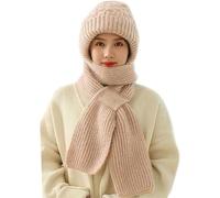 Windproof Cap Scarf with Integrated Ear Protection, Double Layer Fleece Line Beanie Hat Winter Warm Knitting Thick Scarf for Women (02# Beige)