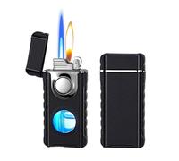 Windproof Dual Torch Metal Lighter - Adjustable Soft Flame and Jet Flame, Visible Fuel Window, Refillable Outdoor Butane Lighter for Camping/Grilling (Fuel Not Included)(Black)