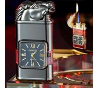 Windproof Lighter With Vintage Watch Jet Flame Torch, Men's Cool Dual Flame Lighter Torch and Soft, Metal three-dimensional relief Vintage Lighter Refillable Butane Gas Lighters(C2)