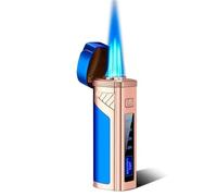 Windproof Triple Jet Torch Butane Lighter, Metal Flip-Top Multi-Function Portable Lighter with Adjustable Flame for Camping and Bonfires(Blue)