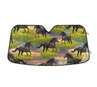Windshield Sun Shade Black Horses Green Meadow, Foldable Front Window Cover, Heatshield Sunshade - 53×23.5 Inches
