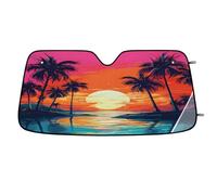 Windshield Sun Shade for Cars, UV Protective Car Window Shade, Cartoon Sunset Seaside Coconut Trees Universal Fit Foldable Front Windshield Sun Shade for SUV and Sedan