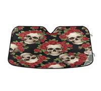Windshield Sun Shade Skulls Vibrant Red Roses, Foldable Front Window Cover, Heatshield Sunshade - 55×27.6 Inches