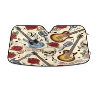 Windshield Sun Shade Vintage Guitars Skulls Red Roses, Foldable Heatshield Sunshade, Front Window Cover - 55×27.6 Inch