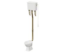 Windsor Traditional High and Low Level Toilet Pan with Cistern and Brushed Brass High Level Flush Pipe Kit | White | Ceramic Pull Chain | 474mm x 1710mm x 495mm