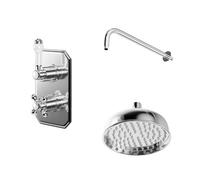 Windsor Traditional Polished Concealed Twin Thermostatic Shower Valve and Round Fixed Head with Wall Arm | Chrome | Brass | 165mm