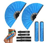 Windspeed 2PCS Glitter Large Rave Folding Clack Hand Fan, 34 cm Long Shiny Line Dancing Hand Popping Fan with 2 Waist Belt/Sleeves for Dance Decoration(Blue)
