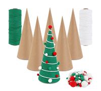 Windspeed 6Pcs 25x10.5cm Paper Mache Cones for Christmas Paper Mache Cones Open Bottom for Christmas Tree DIY Halloween Decor with 2 Rolls of 2mm Thick Hemp Rope, A Pack of Plush Balls