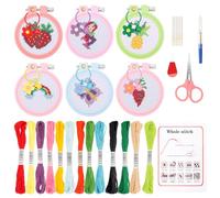 Windspeed 6Pcs Cross Stitch Kits for Beginners, Needlepoint Kits for Beginners Embroidery Starter Set, 6 Embroider Hoops and Cloth/ 6 Key Rings/Scissors/Instructions for Crossstitch Decor