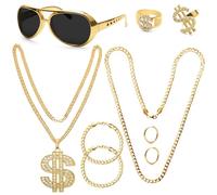Windspeed 8Pcs Rapper Accessories, 80s 90s Hip Hop Costume Kit Rapper Costume Gold Accessories for Party with 2 Chains, 1 Pair of Earrings, 2 Rings, 1 Pair of Sunglasses, 2 Bracelets