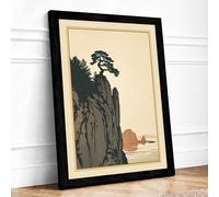 Windswept Pine at Cliff's Edge Japandi Framed Wall Art Print A4 (29.7×21cm) Black, Wall Decor for Living Room, Bedroom, Office & Home, Ready to Hang, Art Gift