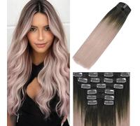 WindTouch Clip in Hair Extensions Human Hair Straight Ombre Dark Brown to Pink 18" 120g 7pcs