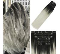WindTouch Clip in Hair Extensions Real Human Hair Balayage Natural Black to Silver Grey for Black Women Double Weft Hair Extensions #1btGray 120g 20inch 7pcs