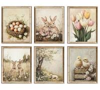 WINDVALE Easter Wall Art Prints - Vintage Spring Farm Animal Artwork with Bunnies,Chicks, Flowers & Easter Eggs, Rustic Farmhouse Wall Decor for Living Room Bedroom(8x10 Inch, Unframed)