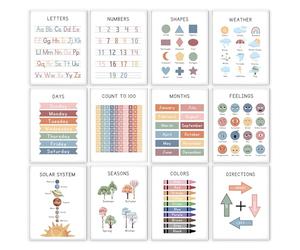 WINDVALE Educational Wall Art Prints, Set of 6, Letters Numbers Colors Shapes Days Months, Pastel Learning Charts, 11x14 Inches (Boho-12-pack)