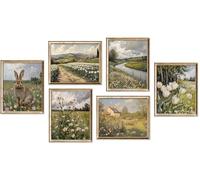 WINDVALE Spring Wall Art Prints Set - Vintage Countryside Landscape Artwork with Bunny, Meadow Flowers & Rural Scenery, Rustic Farmhouse Wall Decor for Living Room Bedroom (8x10 Inch, Unframed)