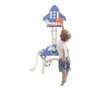 WindWilder 5 in 1 Toddler Basketball Hoop for Kids - 80-118cm Height Adjustable - with Football/Golf/Ring Toss Games & Music Player for Children Ages 3-8 (Blue)