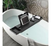 WindWilder Wooden Bath Tray Adjustable Length 75-111cm, Home Spa Boards Bamboo, Expandable Bathtub Shelf for Candle Towel, Book, Wine, Phone, Shower, Black