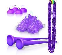 Windy City Novelties School Spirit Kit with 4 Cowbells, 4 Pom Pom, 2 Collapsable Stadium Horns, 12 Beaded Necklaces - Purple