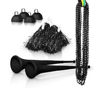 Windy City Novelties School Spirit Kit with 4 Cowbells, 4 Pom Pom, 2 Collapsable Stadium Horns, 12 Beaded Necklaces - Black