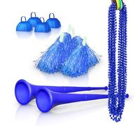 Windy City Novelties School Spirit Kit with 4 Cowbells, 4 Pom Pom, 2 Collapsable Stadium Horns, 12 Beaded Necklaces - Blue