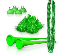 Windy City Novelties School Spirit Kit with 4 Cowbells, 4 Pom Pom, 2 Collapsable Stadium Horns, 12 Beaded Necklaces - Green
