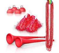 Windy City Novelties School Spirit Kit with 4 Cowbells, 4 Pom Pom, 2 Collapsable Stadium Horns, 12 Beaded Necklaces - Red
