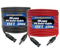 WindyNation 10 Gauge 10 AWG Pair 15 Feet Black + 15 Feet Red PV Photovoltaic Solar Panel Extension Cable Wire Solar Connectors
