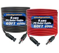 WindyNation 8 AWG 8 Gauge Pair 60 Feet Black + 60 Feet Red Solar Panel Extension Cable Wire Solar Connectors (Variety of Lengths Available)