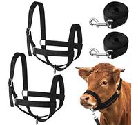 Windyun 2 Pieces Nylon Cow Halter with 2 Pieces Leading Rope Adjustable Foal Halter Horse Calf Harness for Donkey Cattle Goat Training(Black)
