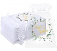 Windyun 200 Pcs Love Is Sweet Organza Bags for Wedding Treat 4 x 6 Inch Wedding Favor Candy Gift Bags Bulk Small Sheer Eucalyptus Leave Jewelry mesh pouches with Drawstring for Baby Shower Supply