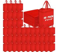 Windyun 50 Pieces Reusable Tote Bags Bulk Non Woven Grocery Tote with Handles Reusable Shopping Bags for Party, Red, 8 x 4 x 10 Inch