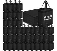 Windyun 50 Pieces Reusable Tote Bags Bulk Non Woven Grocery Tote with Handles Reusable Shopping Bags for Party, Black, 8 x 4 x 10 Inch