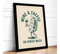 Wine and Cheese Match Retro Framed Wall Art Print A1 Black