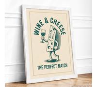 Wine and Cheese Match Retro Framed Wall Art Print A3 (42×29.7cm) White,