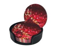 Wine And Red Roses Print Chic Round Leather Coasters â€“ Set Of 6 Full-Print Coasters In A Premium Pu Leather Storage Box
