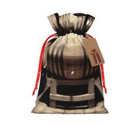 Wine Barrels Printed Christmas Drawstring Bags,S | Reusable Xmas Gift Storage Bags, Red Christmas Ribbon