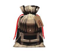 Wine Barrels Printed Christmas Drawstring Bags,S | Reusable Xmas Gift Storage Bags, Red Ribbon