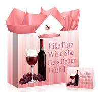 Wine Birthday Gift Bag for Women, Like Fine Wine She Gets Better With Time All-in-One Set with Greeting Card, Sticker, Envelope & Tissue Paper, Elegant Milestone Party Wrap for Wife, Mom, Friend