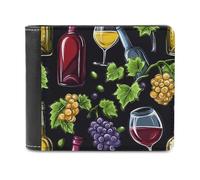 Wine Bottle and Glass Grapes Bifold Wallet PU Leather Pocket Wallet Slim Purse for Women Men Gifts