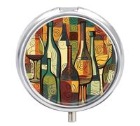 Wine Bottle Art Round Pill Box 3 Compartment Small Pill Box Round Portable Pill Case to Hold Vitamins Medication Fish Oil and Supplements Travel Purse Pocket Gift