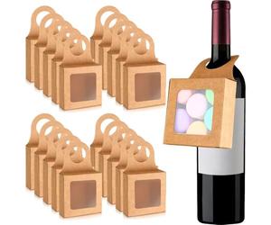 Wine Bottle Box with Window, 20PCS Kraft Paper Foldable Wine Candy Boxes Hanging Champagne Treat Box for Holding Candy Chocolate Cookies
