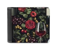 Wine Bottle Grapes Dark Rose Slim Leather Men's Wallets with 6 Card Holders Minimalist Billfold Travel Purse