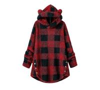 Wine Boys & Girls School Jumper Cute Ear Hoodie - Plaid Sweatshirt Teddy Fleece Winter Warm Pullover Button Side Slit Sherpa Checkered Thick Kids Jumper 10 Years