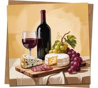 Wine & Cheese Charcuterie Greeting Card 145mm x 145mm Square, Blank Inside, Kraft Envelope Included, Gourmet Grapes Bottle Illustration for Birthday, Anniversary, Congratulations